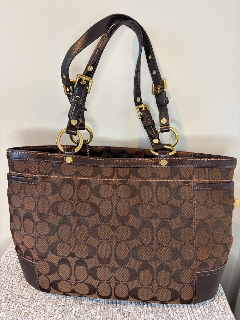 Coach Vintage Signature C Jacquard Leather Tote Bag Dark Brown
